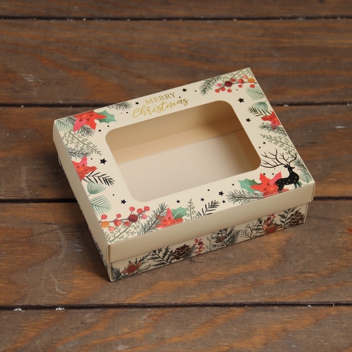 Новый год. Коробка складная, крышка-дно, с окном Новый год. Коробка складная, крышка-дно, с окном "MERRY CHRISTMAS" 16,5 х 12,5 х 5,2 см