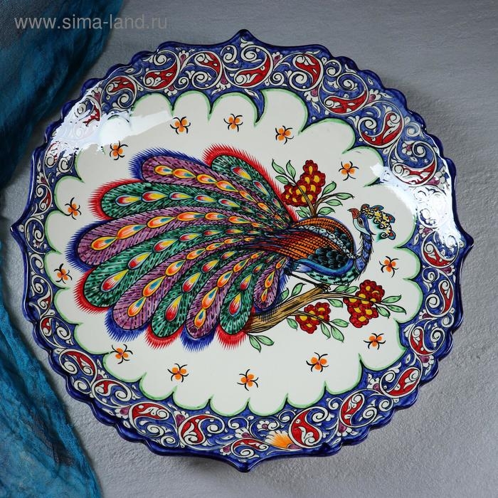 Ляган Риштанская Керамика  Ляган Риштанская Керамика "Жар птица", 42 см, синий, рифлённый