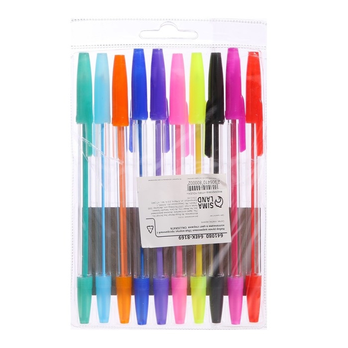 Набор ручек шариковых, 10 цветов, корпус прозрачный, с цветными колпачками Набор ручек шариковых, 10 цветов, корпус прозрачный, с цветными колпачками