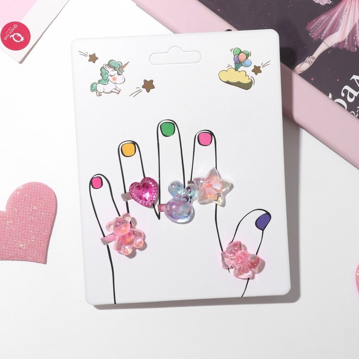 Кольцо детское «Ассорти» девчачьи грёзы, форма МИКС, цвет МИКС, безразмерное Кольцо детское «Ассорти» девчачьи грёзы, форма МИКС, цвет МИКС, безразмерное