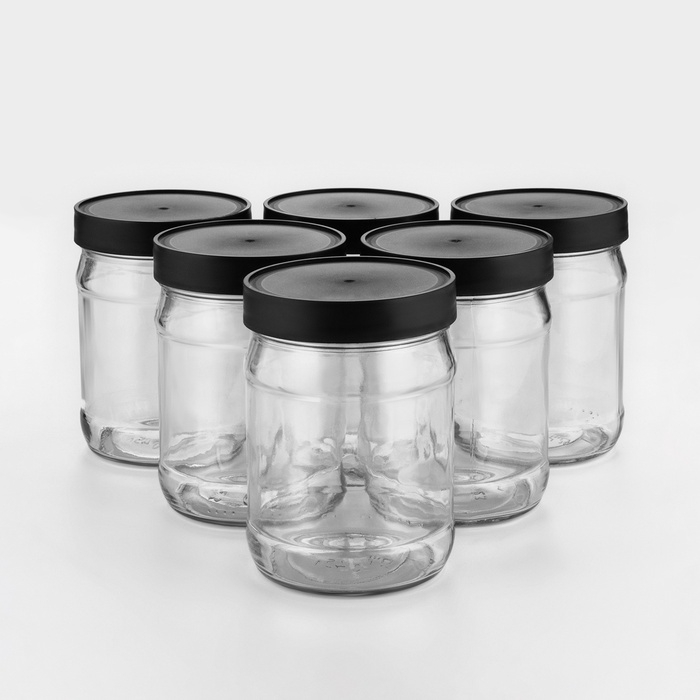Набор стеклянных банок с чёрной полимерной крышкой, ТО-82 мм, 450 мл, 6 шт. Набор стеклянных банок с чёрной полимерной крышкой, ТО-82 мм, 450 мл, 6 шт.