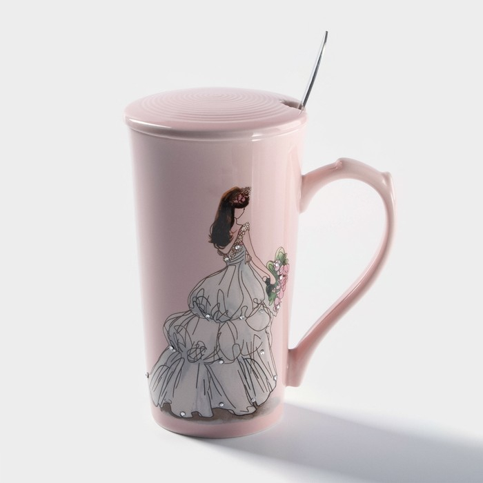 Кружка керамическая с крышкой и ложкой &laquo;Пышность бала&raquo;, 300 мл, цвет МИКС