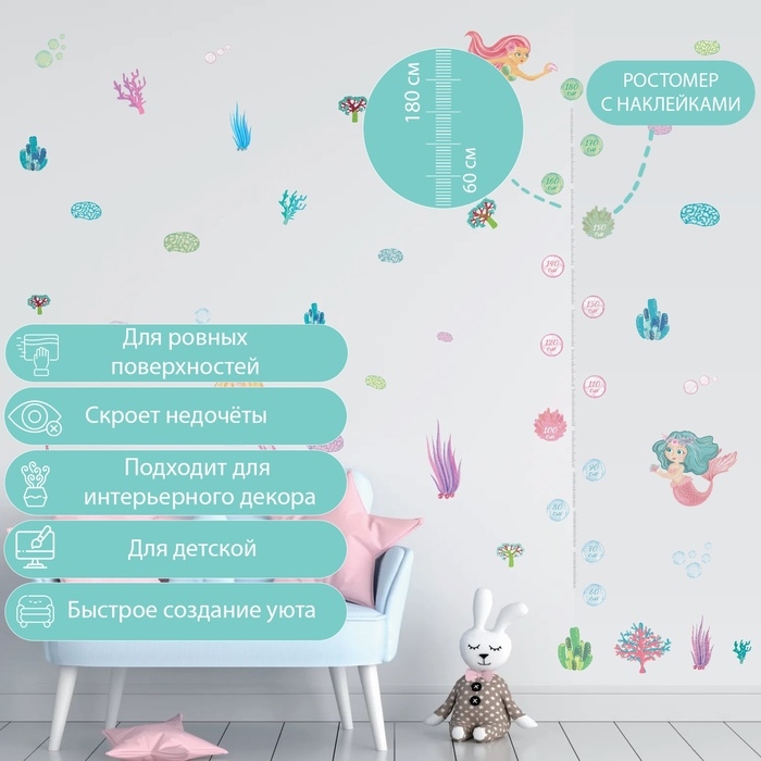 Наклейка интерьерная цветная ростомер  Наклейка интерьерная цветная ростомер "Русалочки" 50х70 см