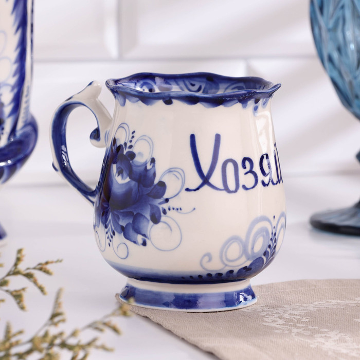 Кружка "Утро Хозяйка", 0,3 л, 11х12 см, гжель, фарфор