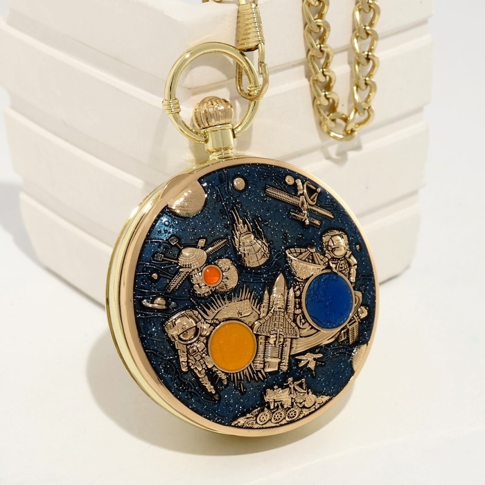 Часы карманные, музыкальные Часы карманные, музыкальные "Космос", кварцевые, d циферблата-5.9см, цепочка l-36.5см,золото