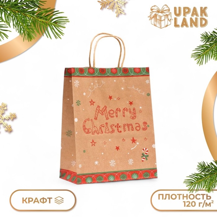 Новый год. Пакет бумажный подарочный новогодний крафт Новый год. Пакет бумажный подарочный новогодний крафт "Счастливого Нового Года", 27 х 21 х 11 см.