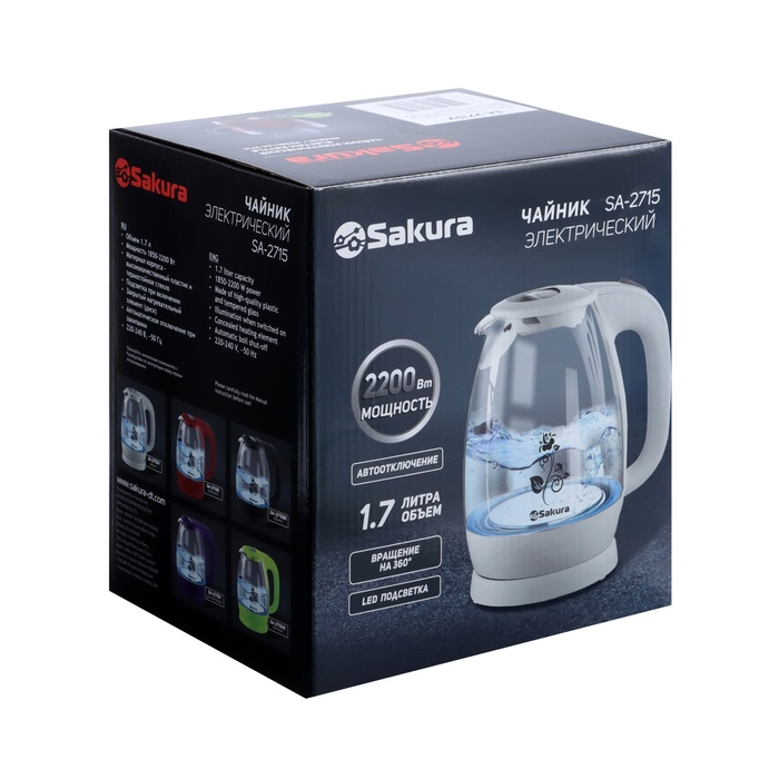 Чайник электрический Sakura SA-2715V, стекло, 1.7 л, 2200 Вт, пурпурный Чайник электрический Sakura SA-2715V, стекло, 1.7 л, 2200 Вт, пурпурный