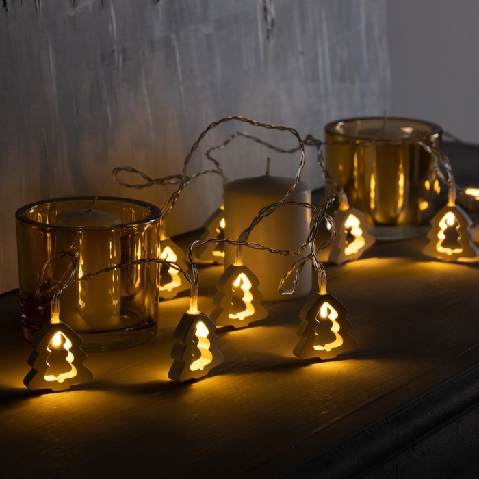 Гирлянда «Нить» 2.5 м с насадками «Ёлочка», IP20, прозрачная нить, 10 LED, батарейки AAх2 (не в комплекте), свечение тёплое белое Гирлянда «Нить» 2.5 м с насадками «Ёлочка», IP20, прозрачная нить, 10 LED, батарейки AAх2 (не в комплекте), свечение тёплое белое