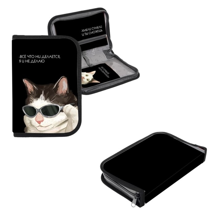 Пенал 1 секция 140 х 210 х 40 мм, откидной карман и косметичка, тканевый, Calligrata TOP Content Пенал 1 секция 140 х 210 х 40 мм, откидной карман и косметичка, тканевый, Calligrata TOP Content "Коты мемы"