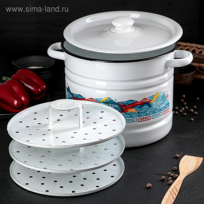 Мантоварка-позница эмалированная, 9 л, декор, 3 вставки, цвет МИКС