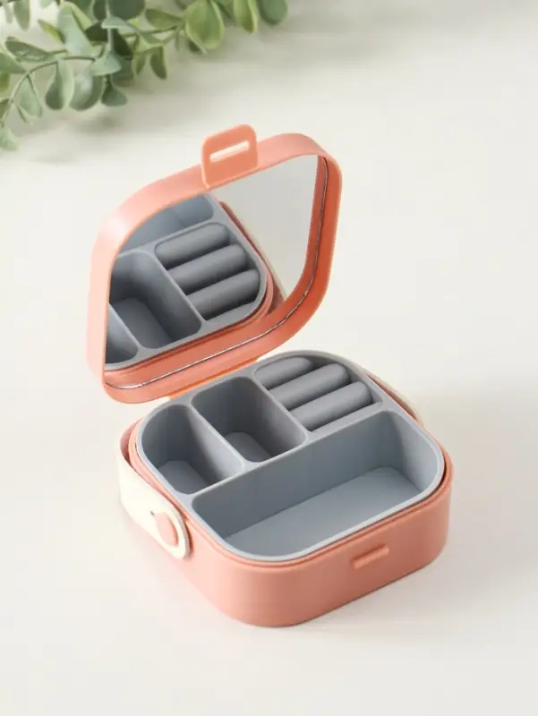 Шкатулка пластик для украшений с зеркалом, с ручкой 3 ячейки, 3 полосы, персик 9х9х3,8 см