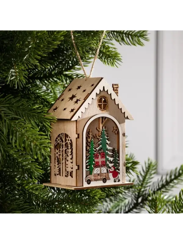 Ёлочная игрушка &laquo;Домик с Дедом Морозом и машиной&raquo;, 8.2&times;4.2&times;7.3 см, от батареек, свечение тёплое белое