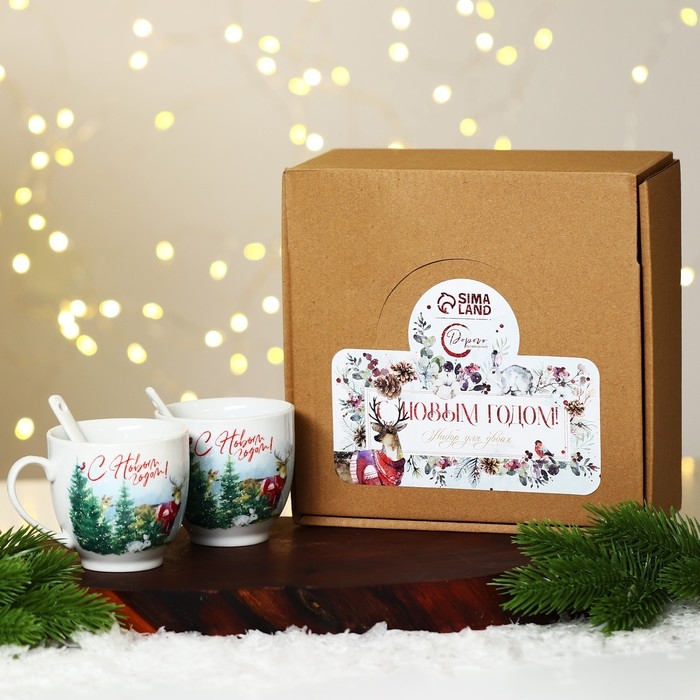 Новый год. Набор из керамики Happy New year, кружка 180 мл, 2 шт, ложка 2 шт, цвет белый