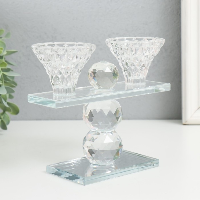 Подсвечник стекло на 2 свечи "Две чаши на пъедестале" прозрачный d=2,3 и 4 см 5,5х15х13 см    970282