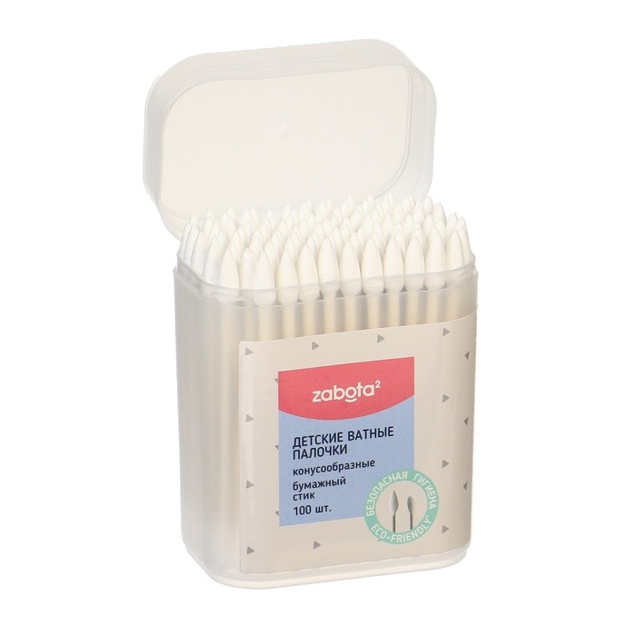 Детские ватные палочки 2в1 zabota2, конус/универсальные, 100шт Детские ватные палочки 2в1 zabota2, конус/универсальные, 100шт