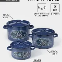 Набор эмалированных кастрюль &laquo;Голубика&raquo;, 3 шт.: 1.5 л, 2.9 л, 4.5 л, синий