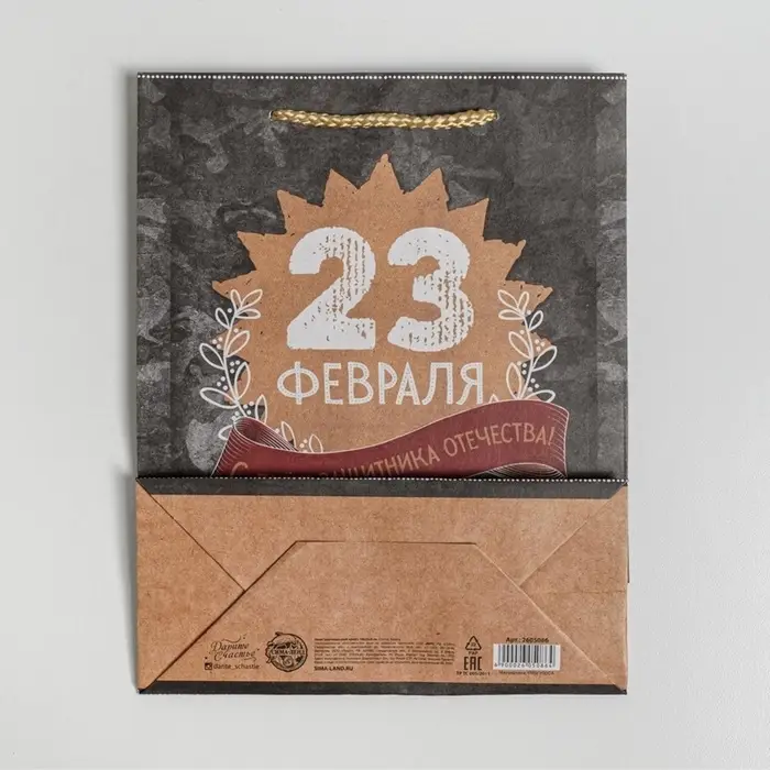 Пакет подарочный крафтовый, упаковка, &laquo;С 23 февраля&raquo;, MS 18&times;23&times;8 см