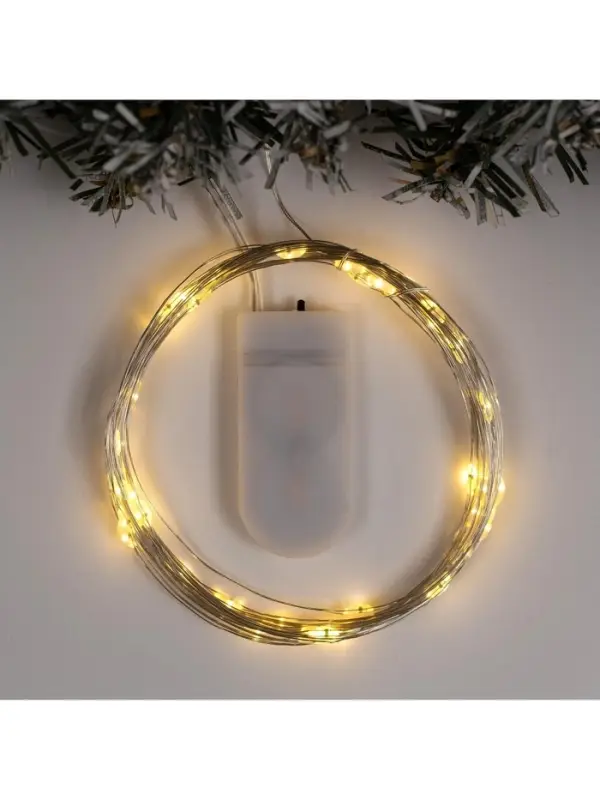 Гирлянда &laquo;Нить&raquo; 5 м роса, IP20, серебристая нить, 50 LED, батарейки CR2032&times;2 (в комплекте), свечение тёплое белое