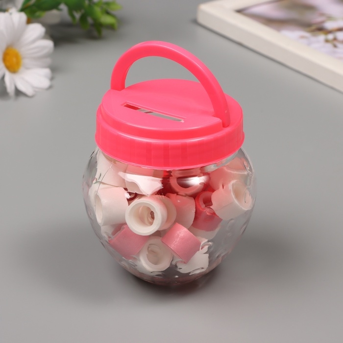 Клейкая лента пластик в банке  Клейкая лента пластик в банке "Белый и розовый" н-р 40 шт 1,2 см, дл. 0,9 м 7х7х9 см