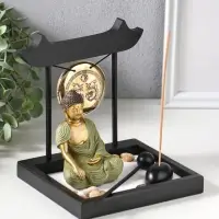 Сад Дзен "Будда в зелёном у гонга" песок+камни+аромапалочки 13,2х15х16 см