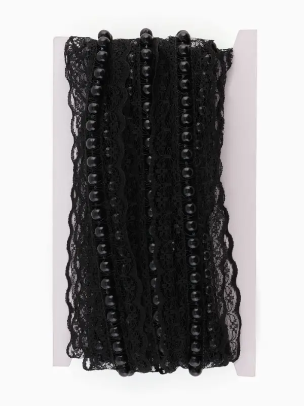 Рюш кружевной, с бусинами, 40 мм, 4.5&plusmn;0.5 м, чёрный