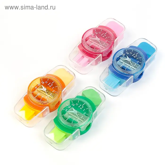 Точилка с контейнером «Часы», с ластиком и щеткой, МИКС Точилка с контейнером «Часы», с ластиком и щеткой, МИКС