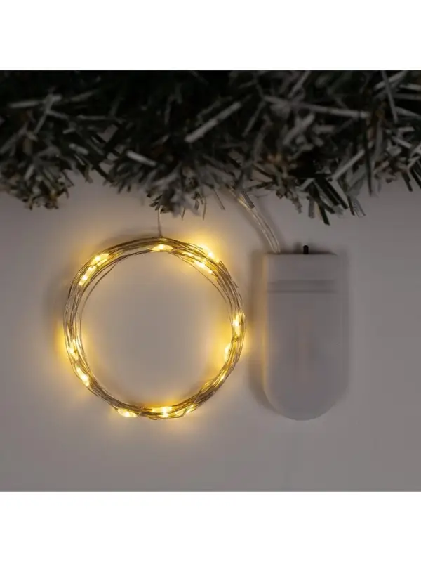 Гирлянда &laquo;Нить&raquo; 2 м роса, IP20, серебристая нить, 20 LED, батарейки CR2032&times;2 (в комплекте), свечение тёплое белое