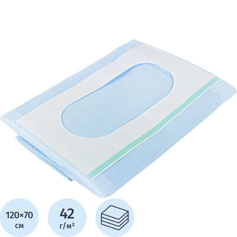 Простыня стерил. 1200х700 пл.42 с овал.отв. №2 для офталь голубая  Гекса
