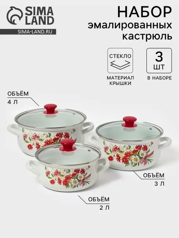 Набор кастрюль эмалированных &laquo;Астры-1-Экстра&raquo;, 3 предмета: 2 л, 3 л, 4 л, белый