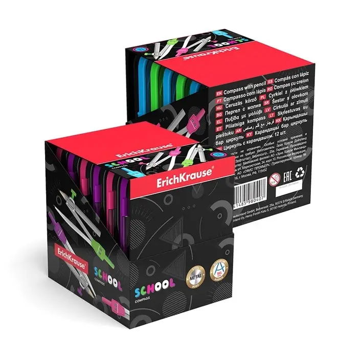 Циркуль металлический ErichKrause. School, 123 мм, универсальный держатель &laquo;козья ножка&raquo;, с карандашом, МИКС