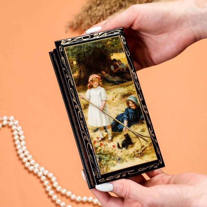 Шкатулка - купюрница «Девушки с котёнком», 8,5×17 см, лаковая миниатюра