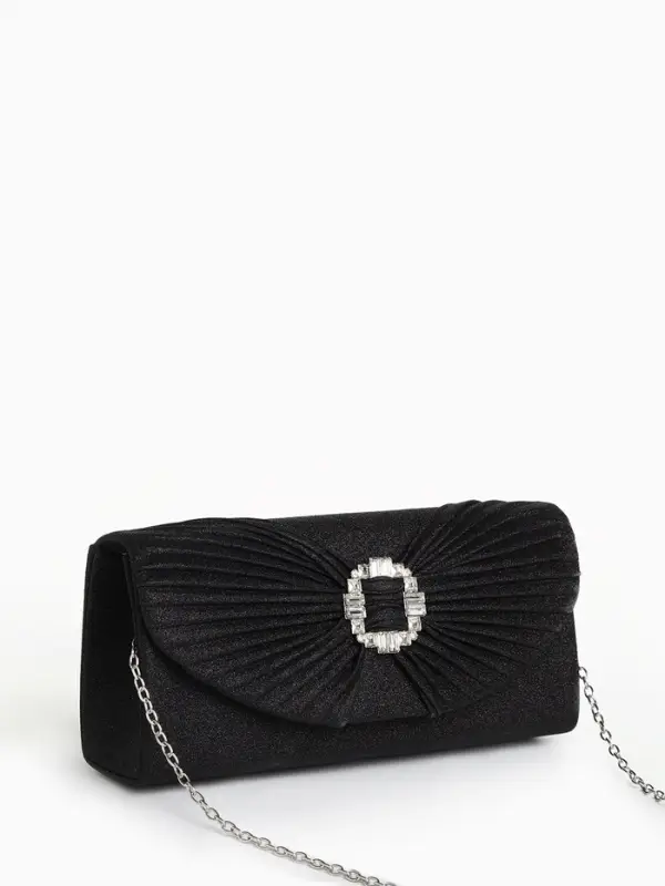 Сумка-клатч женская вечерняя на магните, на длинной цепочке, с декоративной пряжкой, блестящая, чёрная
