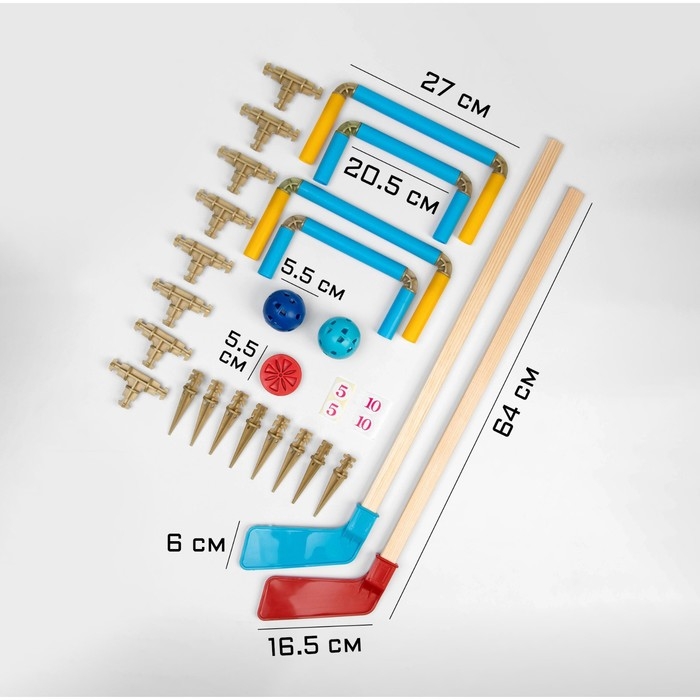 Хоккейный набор 3 в 1, 2 клюшки 73 см, ворота 4 штуки, 2 мяча d-5.5 см, клин 8 штук Хоккейный набор 3 в 1, 2 клюшки 73 см, ворота 4 штуки, 2 мяча d-5.5 см, клин 8 штук
