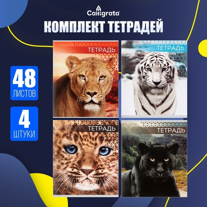 Комплект тетрадей из 4 штук, 48 листов в клетку Calligrata  Комплект тетрадей из 4 штук, 48 листов в клетку Calligrata "Дикие кошки", обложка мелованный картон, блок №2, белизна 75% (серые листы)