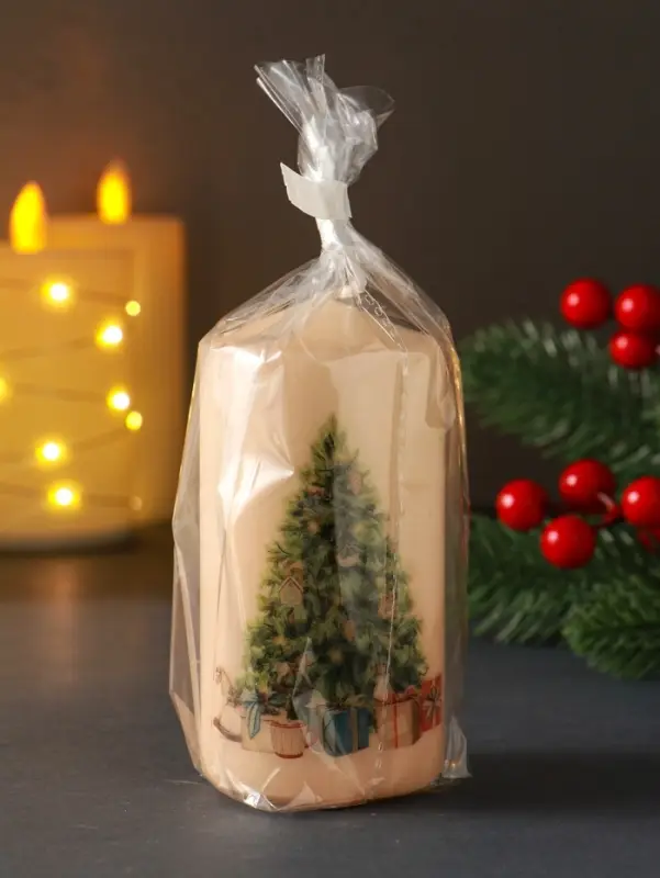 Свеча столб 50х100мм с декором, мишка, бежевая Свеча столб 50х100мм с декором, мишка, бежевая