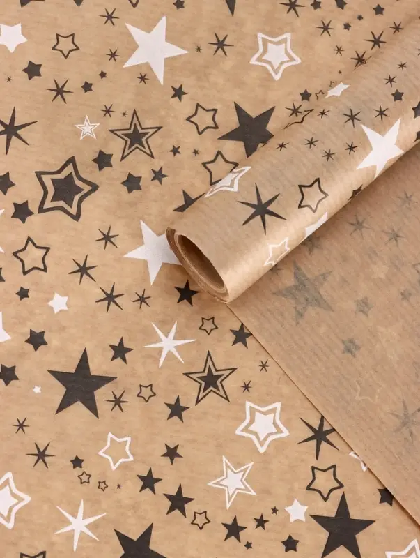 Бумага упаковочная крафт "Звезды", белый/графитовый, 0,72 х 10± 5% м, 40 гр