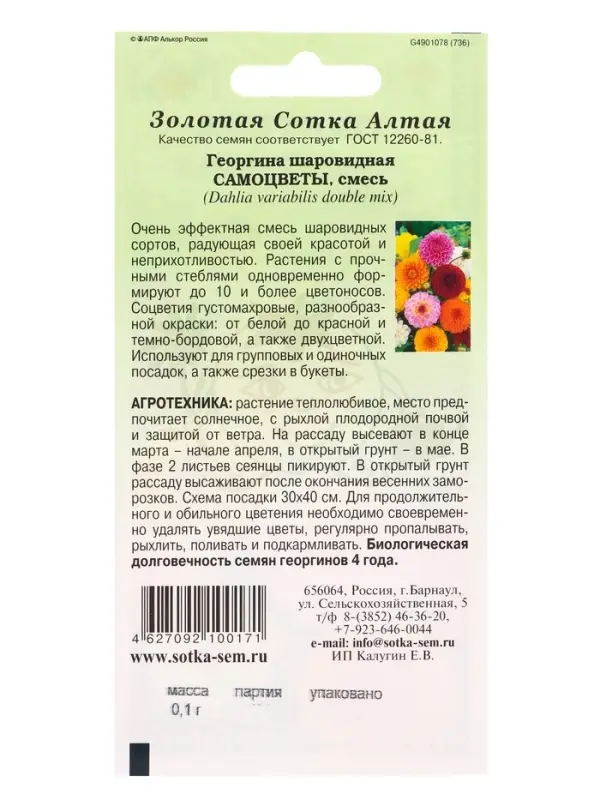 Семена Георгина Самоцветы шаровидная /Сотка/ 0,1г/ смесь h-110см d-12см /*1500 Семена Георгина Самоцветы шаровидная /Сотка/ 0,1г/ смесь h-110см d-12см /*1500