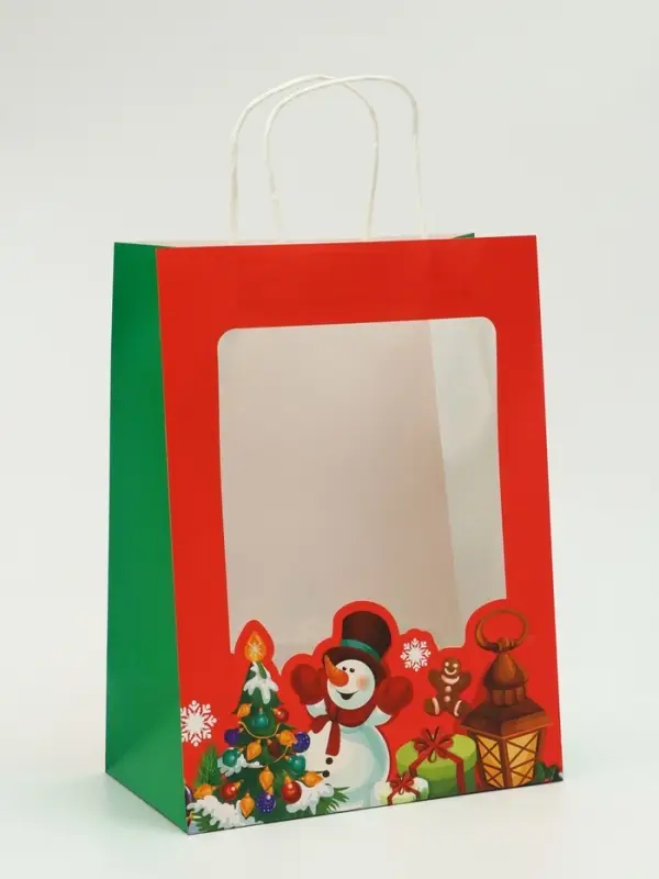 Пакет подарочный бумажный с окном «Снеговик» 26×35×16 см, крафт красный Пакет подарочный бумажный с окном «Снеговик» 26×35×16 см, крафт красный