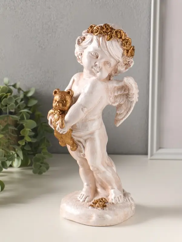 Фигура полистоун "Ангел с медвежонком" 30х14х12