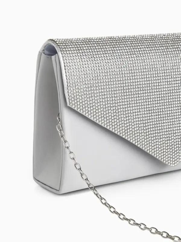 Сумка-клатч женская вечерняя на магните, на длинной цепочке, комбинированная, серая/серебристая