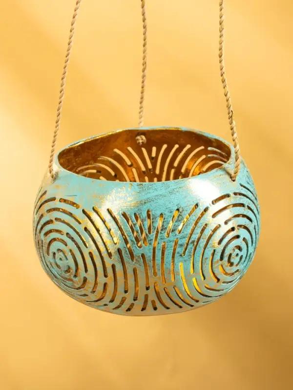 Подсвечник подвесной из кокоса, 14×14×10 см, бирюзово-золотой