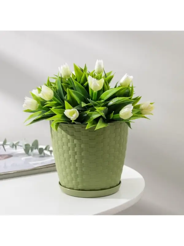 Горшок для цветов с поддоном &laquo;Ротанг&raquo;, 1.2 л, d=13 см, h=12 см, пластиковый, оливковый