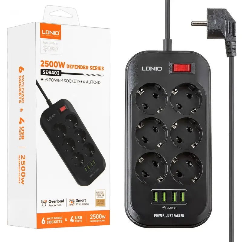 Сетевой фильтр на 6 розеток + 4 USB SE6403 EU LDNIO (30шт/кор) Сетевой фильтр на 6 розеток + 4 USB SE6403 EU LDNIO (30шт/кор)