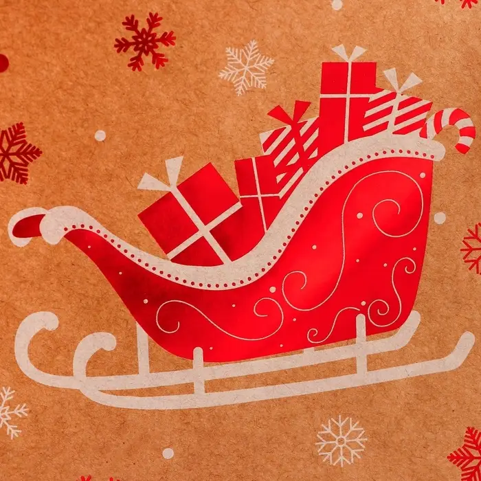 Пакет крафт с тиснением, круглая ручка, «Новогдние сани» 15×21×8 см, 120 г