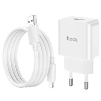 Сетевое зарядное устройство Hoco C106A, 1 USB, 2.1 А, кабель Lightning - USB, 1 м, белое