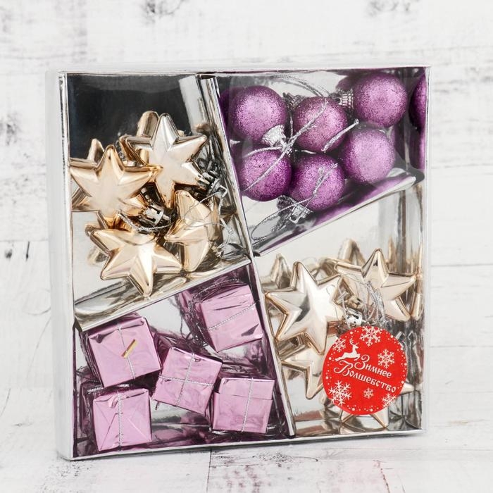 Набор украшений пластик 19 шт Набор украшений пластик 19 шт "Фортуна" (5 подарков, 6 шаров, 8 звёзд) сиреневый, золото