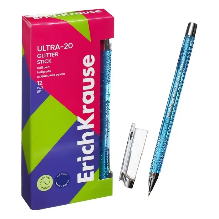 Ручка шариковая ErichKrause. ULTRA-20 Stick Glitter, синий стержень, узел 0.7 мм