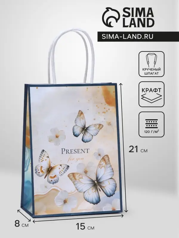 Пакет подарочный крафтовый Present for you 15&times;21&times;8 см, 120 г/м&sup2;