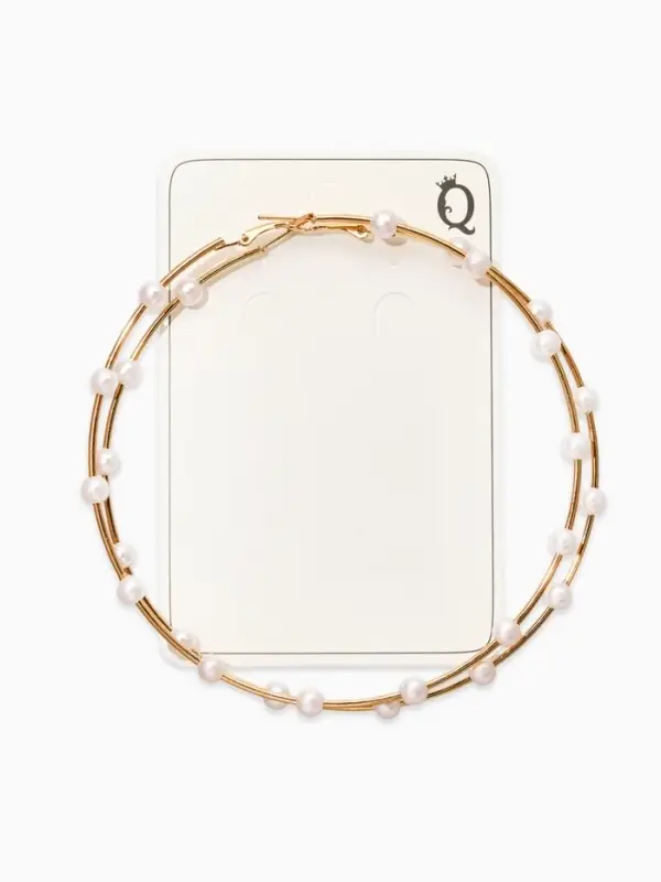 Серьги-кольца "Жемчуг" d=10см. №6, цвет белый в золоте