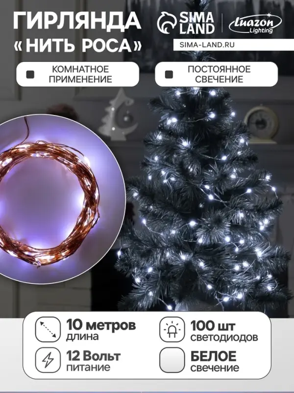 Гирлянда &laquo;Нить&raquo; 10 м, роса, IP20, медная нить, 100 LED, свечение белое, 12 В